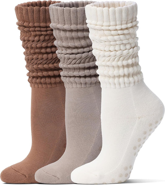 Pilates Socks with Grips for Women Long Slouch Non-Slip Yoga Barre Chioned Workout Scrunch Socks 3 Pairs V1258-DP02-F-514