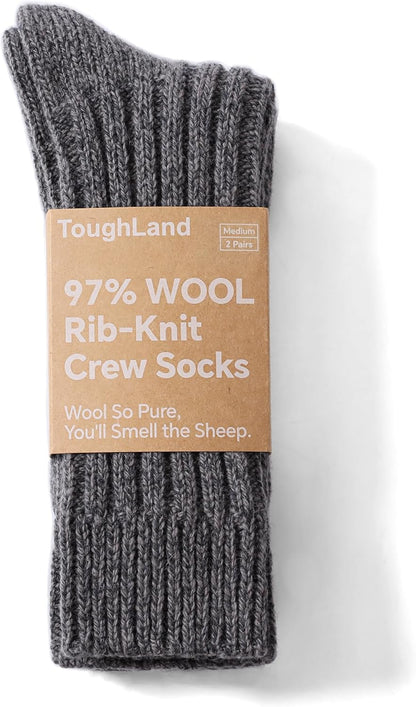 97% Merino Wool Crew Socks for Men & Women 2 Pairs - Classic Rib, Thick Wool Socks for Hiking, Work, Ski V1258-DP02-F-515