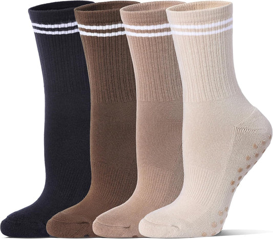 Pilates Grippy Socks for Women Striped Crew Cotton Chioned Non-Slip Yoga Barre Workout Socks 4 Pairs V1258-DP02-F-517