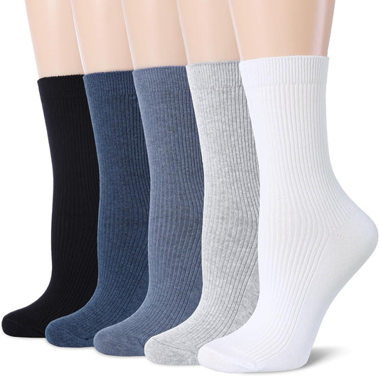 Women's Combed Cotton Socks 5 Pairs, Cozy Soft Crew&Ruffled Knit Ladies Socks for Casual Troer Dress V1258-DP02-F-518