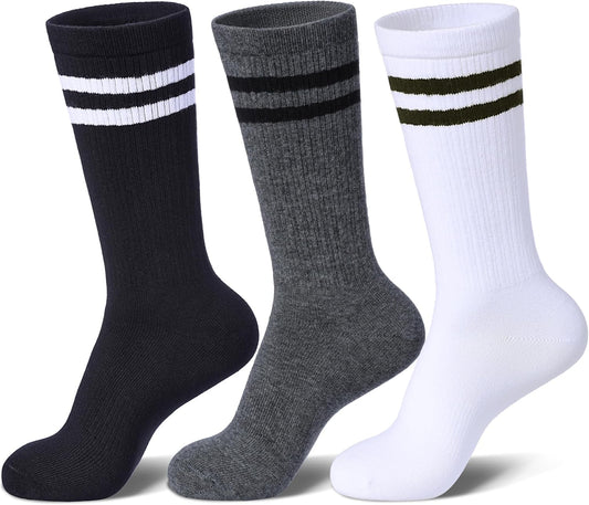 Womens Striped Socks Cotton Athletic Running Chioned Calf Socks Casual School Style 3 Pairs V1258-DP02-F-519