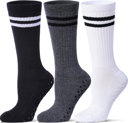 Pilates Grip Socks for Women,Striped Yoga Non Slip Chioned Long Socks for Barre, Dance, Workout 3 Pairs V1258-DP02-F-520