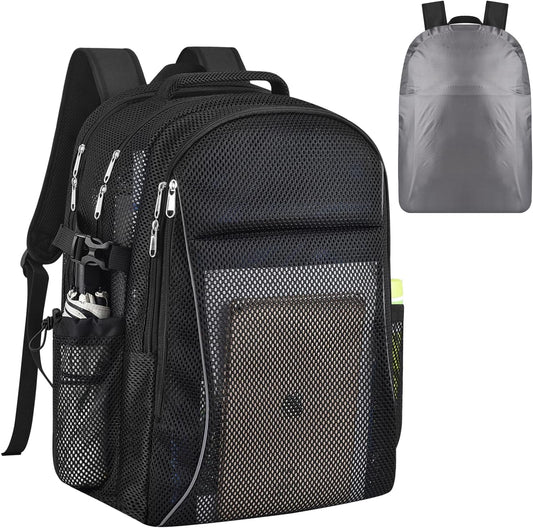 Heavy Duty X-Large Mesh Backpacks for Adults,Semi-Transparent college Backpacks with Rain cover for School, V1258-DP02-F-526