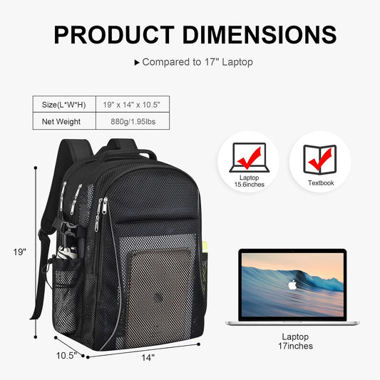 Heavy Duty X-Large Mesh Backpacks for Adults,Semi-Transparent college Backpacks with Rain cover for School, V1258-DP02-F-526