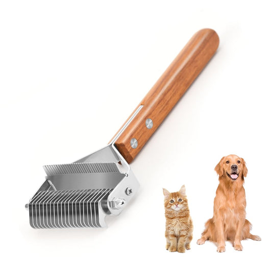 2-in-1 Dematting Comb & Shedding Brh, Undercoat Rake Grooming Tool with Wooden Handle for Dogs & Cats - V1258-DP02-F-538