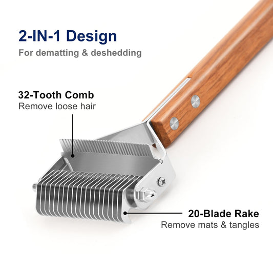 2-in-1 Dematting Comb & Shedding Brh, Undercoat Rake Grooming Tool with Wooden Handle for Dogs & Cats - V1258-DP02-F-538