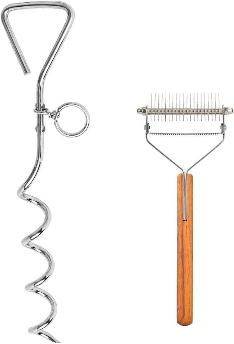 Dog Tie-Out Stake and 2-in-1 Shedding Grooming Tool V1258-DP02-F-542