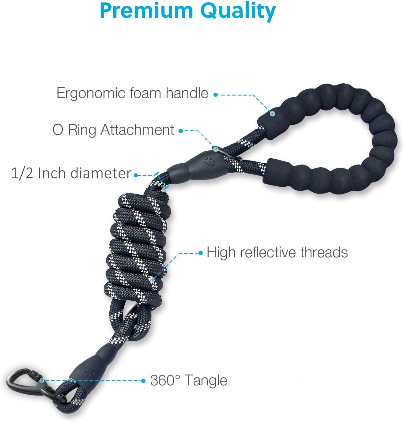 5 FT Strong Dog Leash with Comfortable Foam Handle and Highly Reflective Threads with Metal Clasp and Rubber V1258-DP02-F-545
