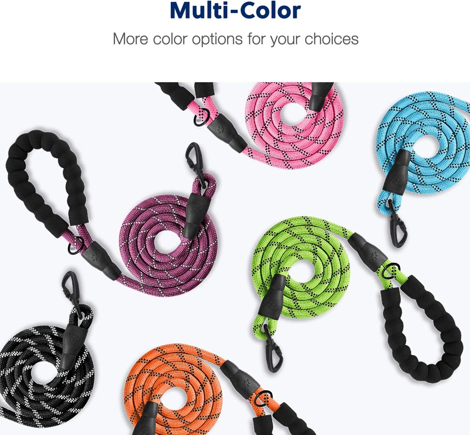 5 FT Strong Dog Leash with Comfortable Foam Handle and Highly Reflective Threads with Metal Clasp and Rubber V1258-DP02-F-545