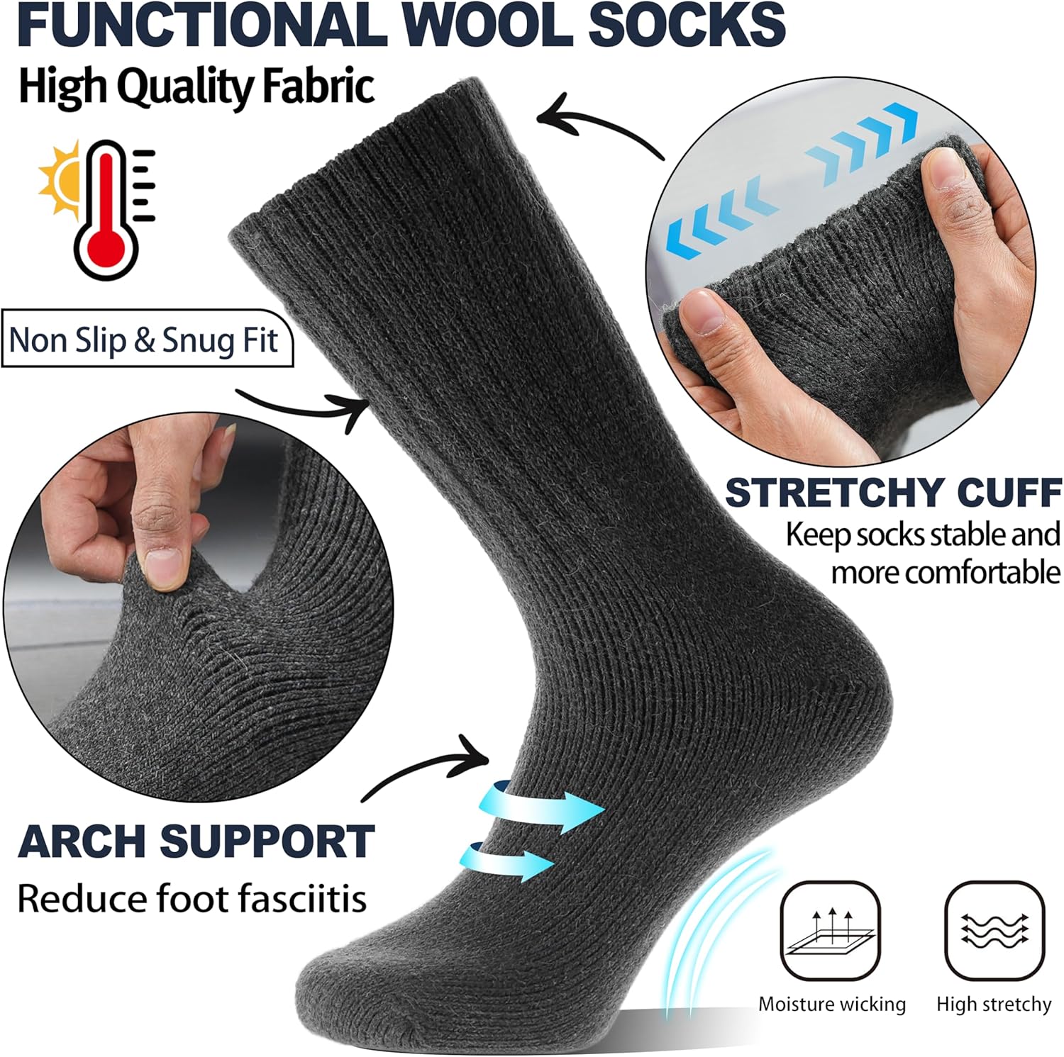Men Merino Wool Socks Super Thick Thermal Hiking Winter Warm Boot Heavy Soft Cozy Socks for Cold Weather V1258-DP02-F-556