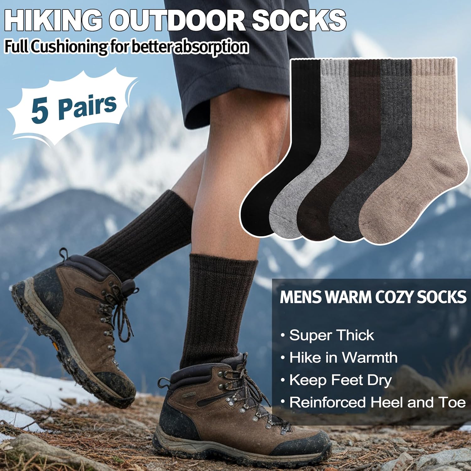 Men Merino Wool Socks Super Thick Thermal Hiking Winter Warm Boot Heavy Soft Cozy Socks for Cold Weather V1258-DP02-F-556
