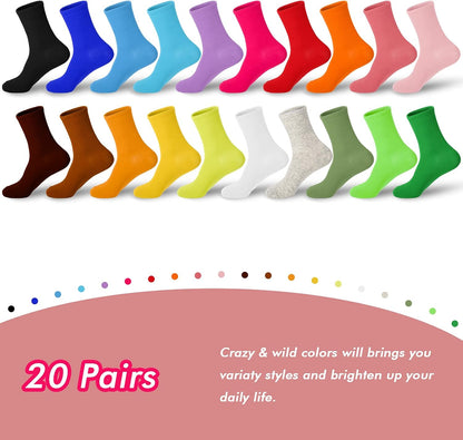 20 Pairs Womens Socks, Solid Color Crew Socks Colorful Lightweight Cotton Athletic Socks V1258-DP02-F-569