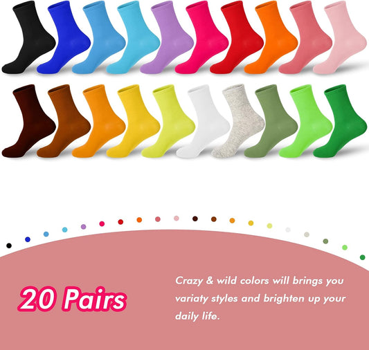 20 Pairs Womens Socks, Solid Color Crew Socks Colorful Lightweight Cotton Athletic Socks V1258-DP02-F-569