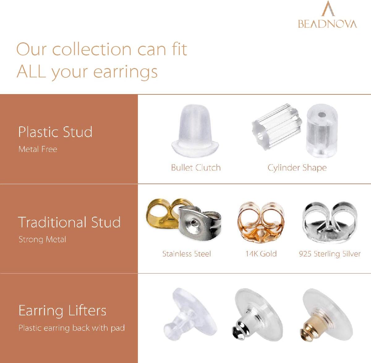 14K Gold 925 Sterling Silver Earring Backs Pierced Earring Backing Hypoallergenic Butterfly Ear Stud Backs V1258-DP02-F-574