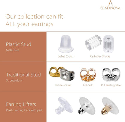 14K Gold 925 Sterling Silver Earring Backs Pierced Earring Backing Hypoallergenic Butterfly Ear Stud Backs V1258-DP02-F-574