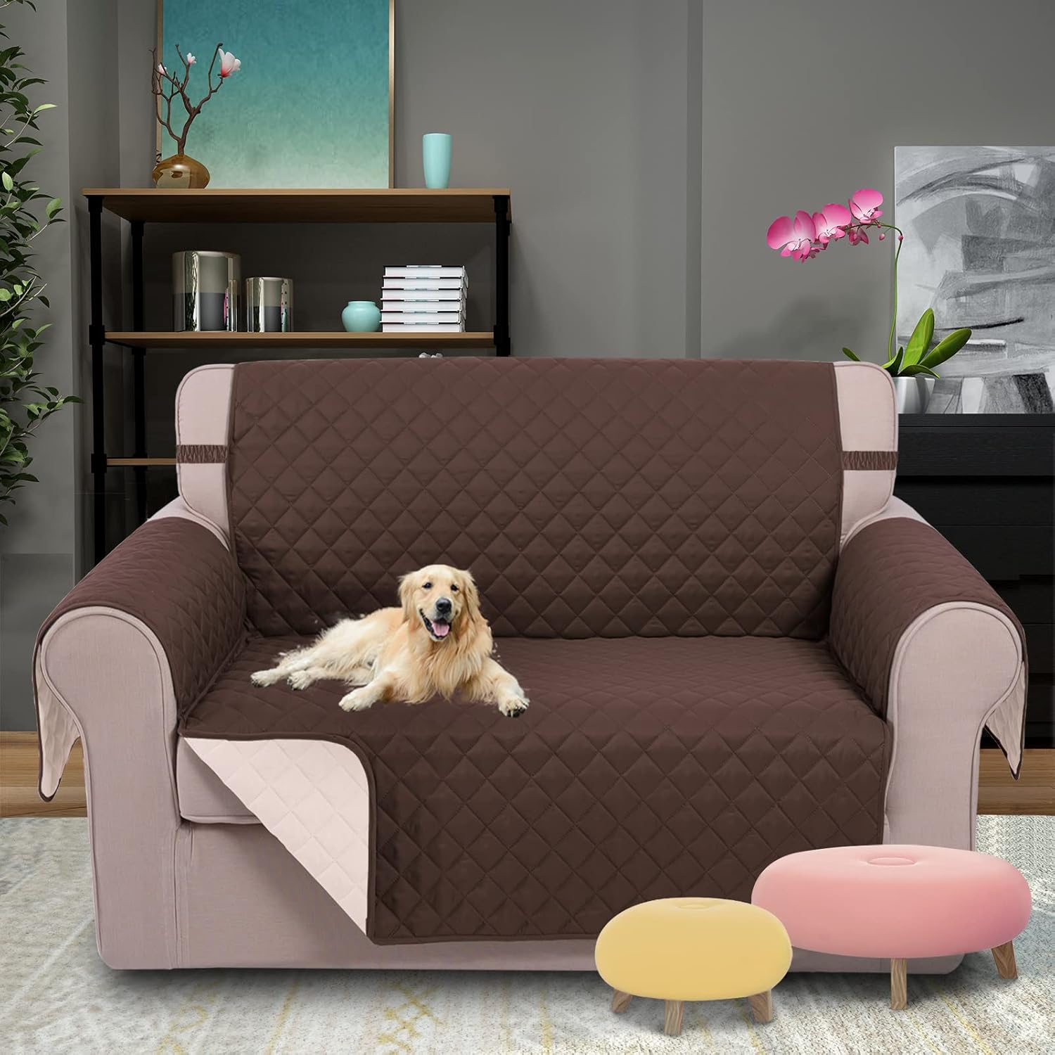 UNICE Home Reversible Sofa Cover Bundle Loveseat Cover(Sofa+Loveseat Small, Coffee) V1258-DP02-F-593
