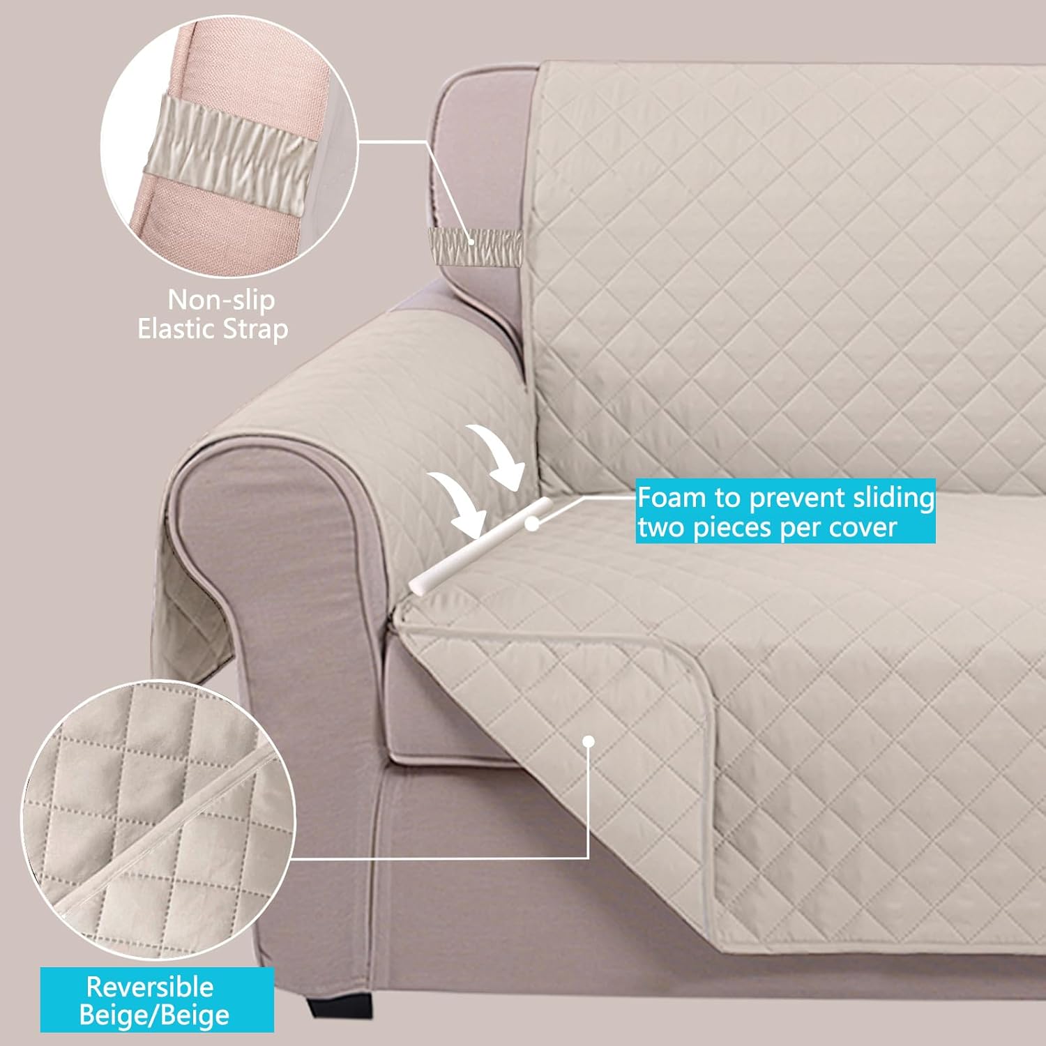 UNICE Home Reversible Sofa Cover Bundle Loveseat Cover(Sofa+Loveseat, Beige) V1258-DP02-F-596
