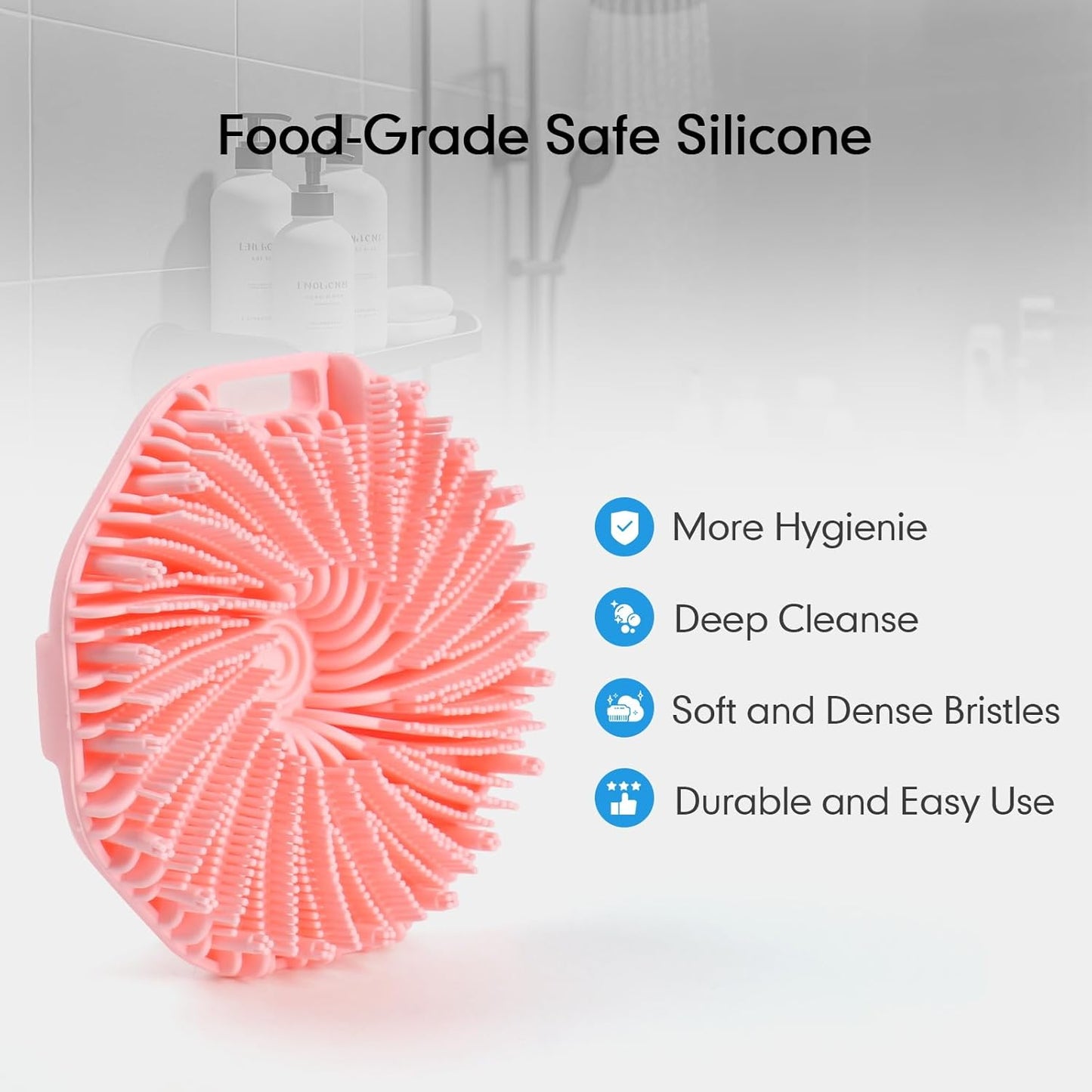 Silicone Body Scrubber with Foaming Effect, Food-Grade Safe, Pink, Soft Dense Bristles for Deep Cleansing V1258-DP02-F-608