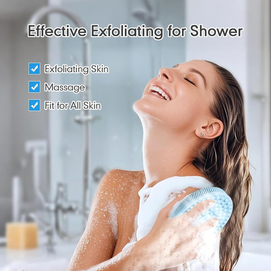 Silicone Body Scrubber for Shower, Dual-Sided Exfoliating Brh, Massage and Deep Cleanse, Black and Blue, 2 V1258-DP02-F-609