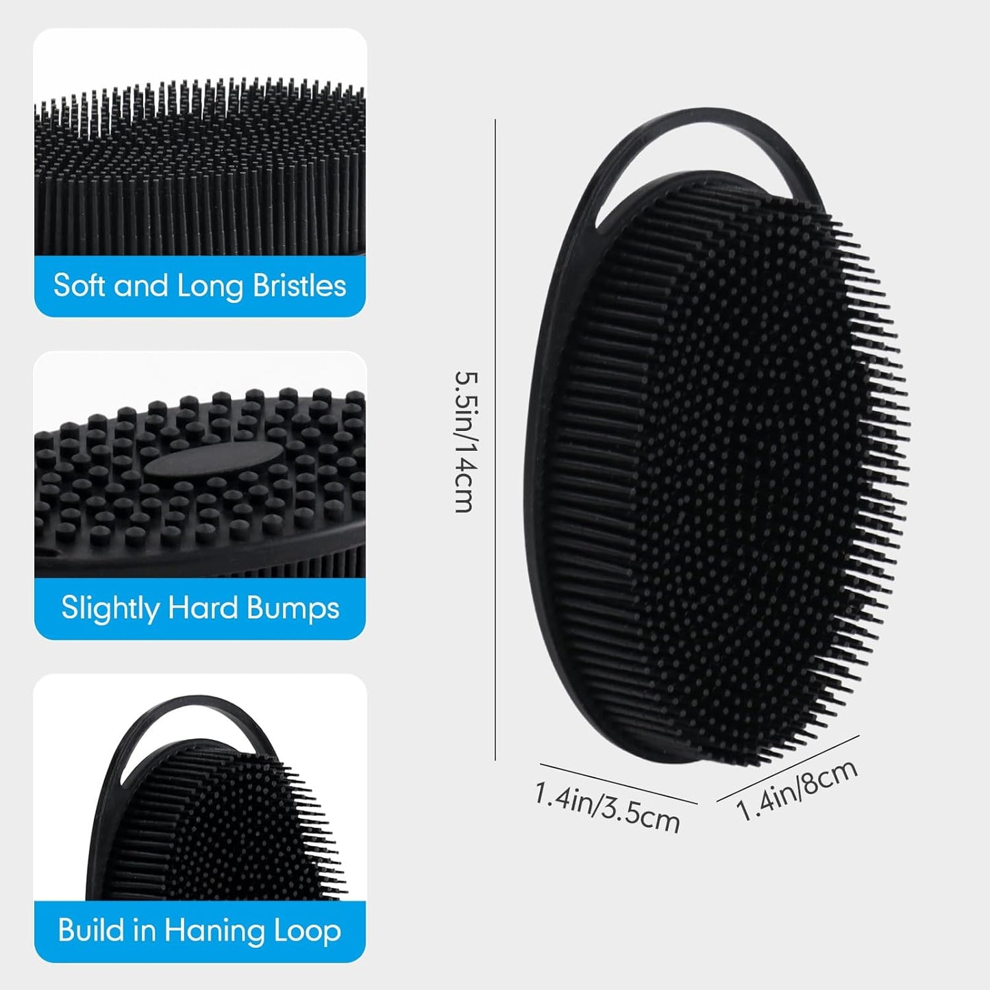 Silicone Body Scrubber for Shower, Dual-Sided Exfoliating Brh, Massage and Deep Cleanse, Black and Blue, 2 V1258-DP02-F-609