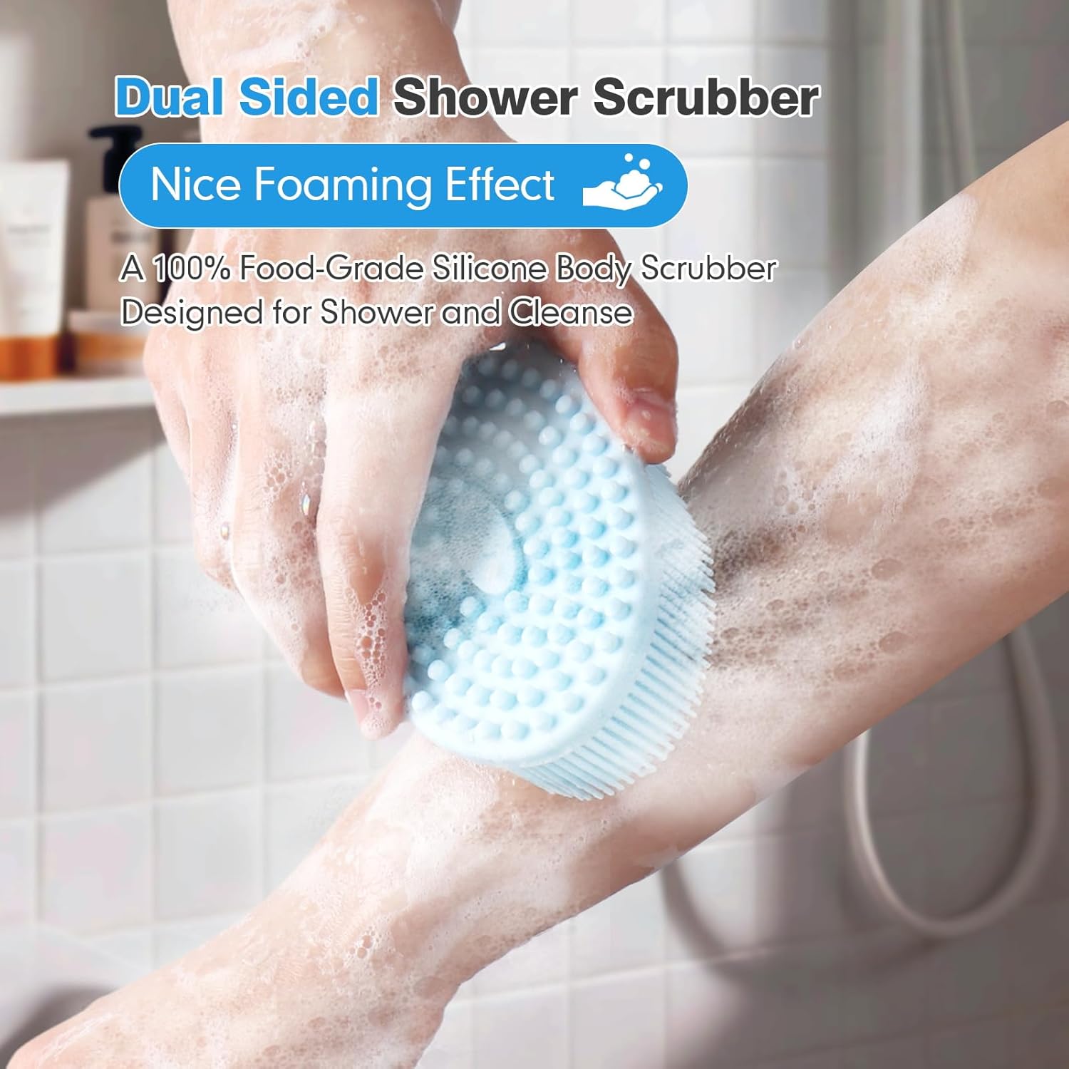 Silicone Body Scrubber for Shower, Dual-Sided Exfoliating Brh, Massage and Deep Cleanse, Black and Blue, 2 V1258-DP02-F-609