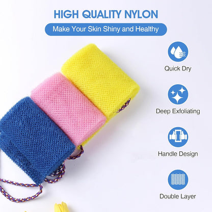 3 Pcs African Net Bath Sponge Double Layer Exfoliating Washcloth Body Scrubber with Handle for Adult and Kids V1258-DP02-F-611