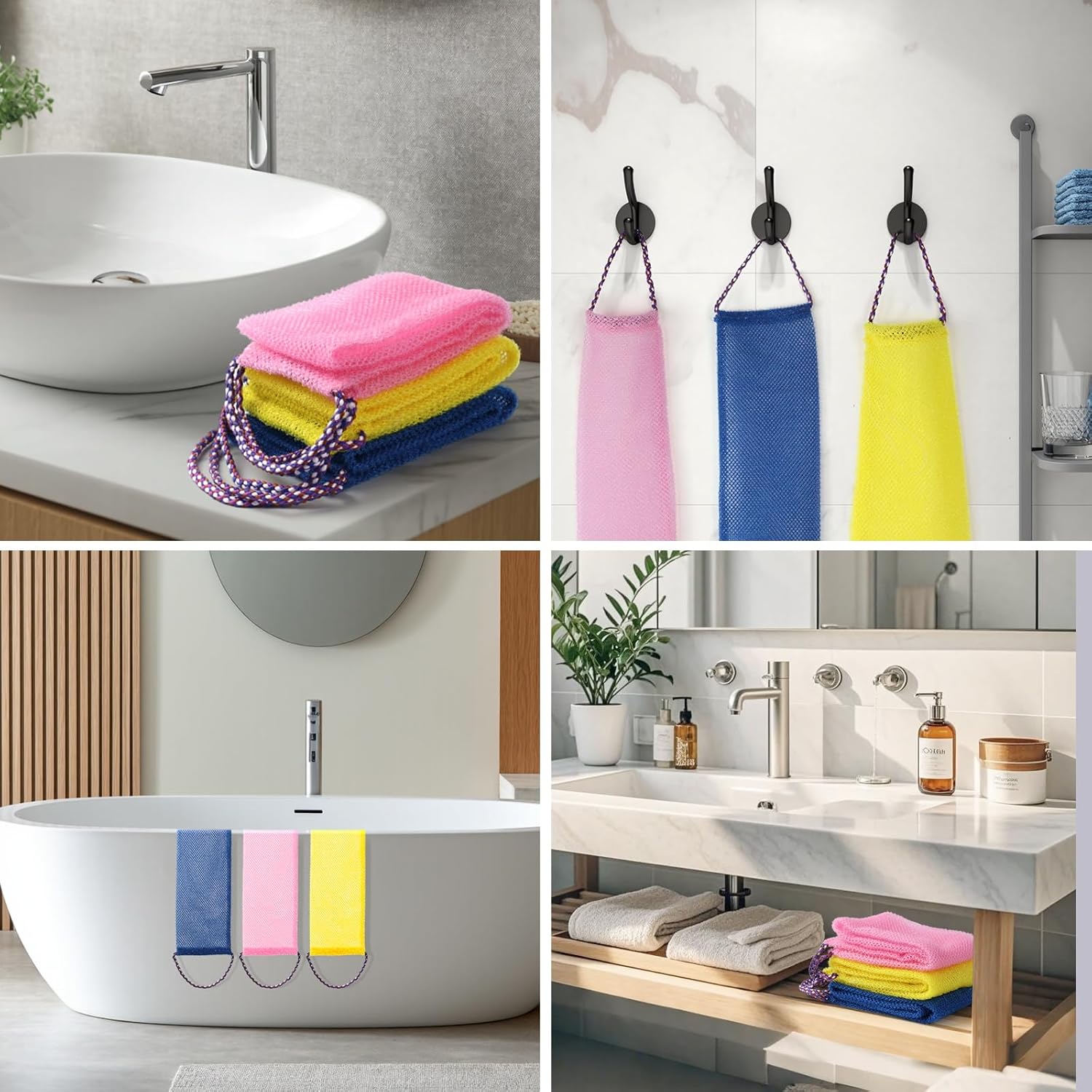 3 Pcs African Net Bath Sponge Double Layer Exfoliating Washcloth Body Scrubber with Handle for Adult and Kids V1258-DP02-F-611