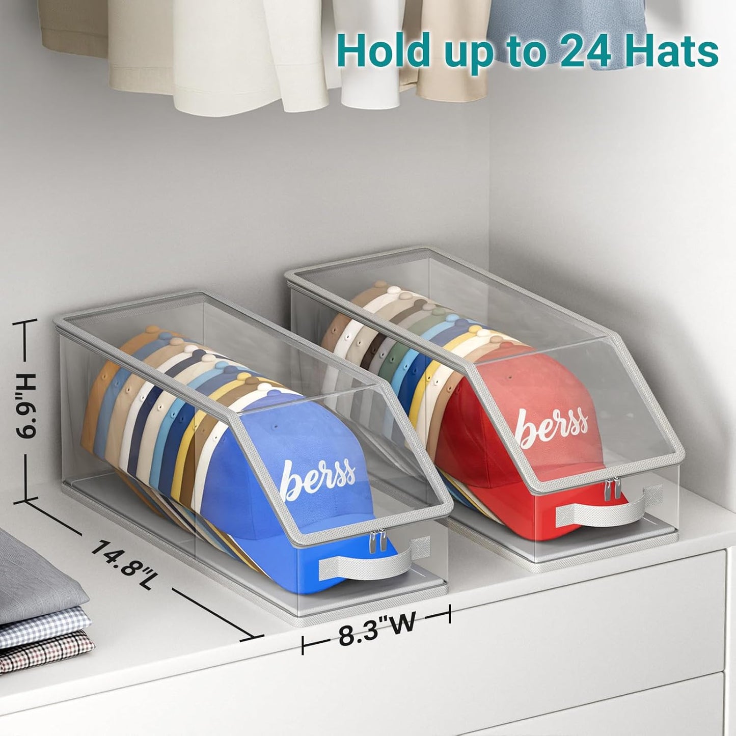 2PCS Stackable Hat Storage for Baseball Caps, Clear Hat Organizer for Closet Holds up to 24 Caps, Men's Hat V1258-DP02-F-618