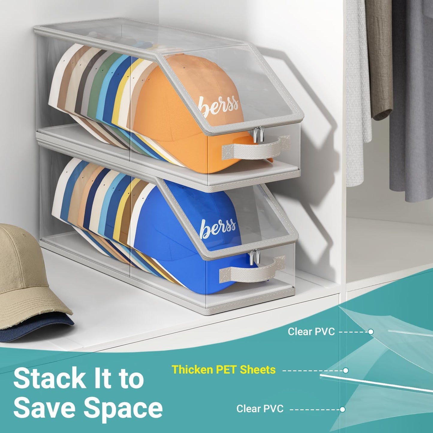 2PCS Stackable Hat Storage for Baseball Caps, Clear Hat Organizer for Closet Holds up to 24 Caps, Men's Hat V1258-DP02-F-618