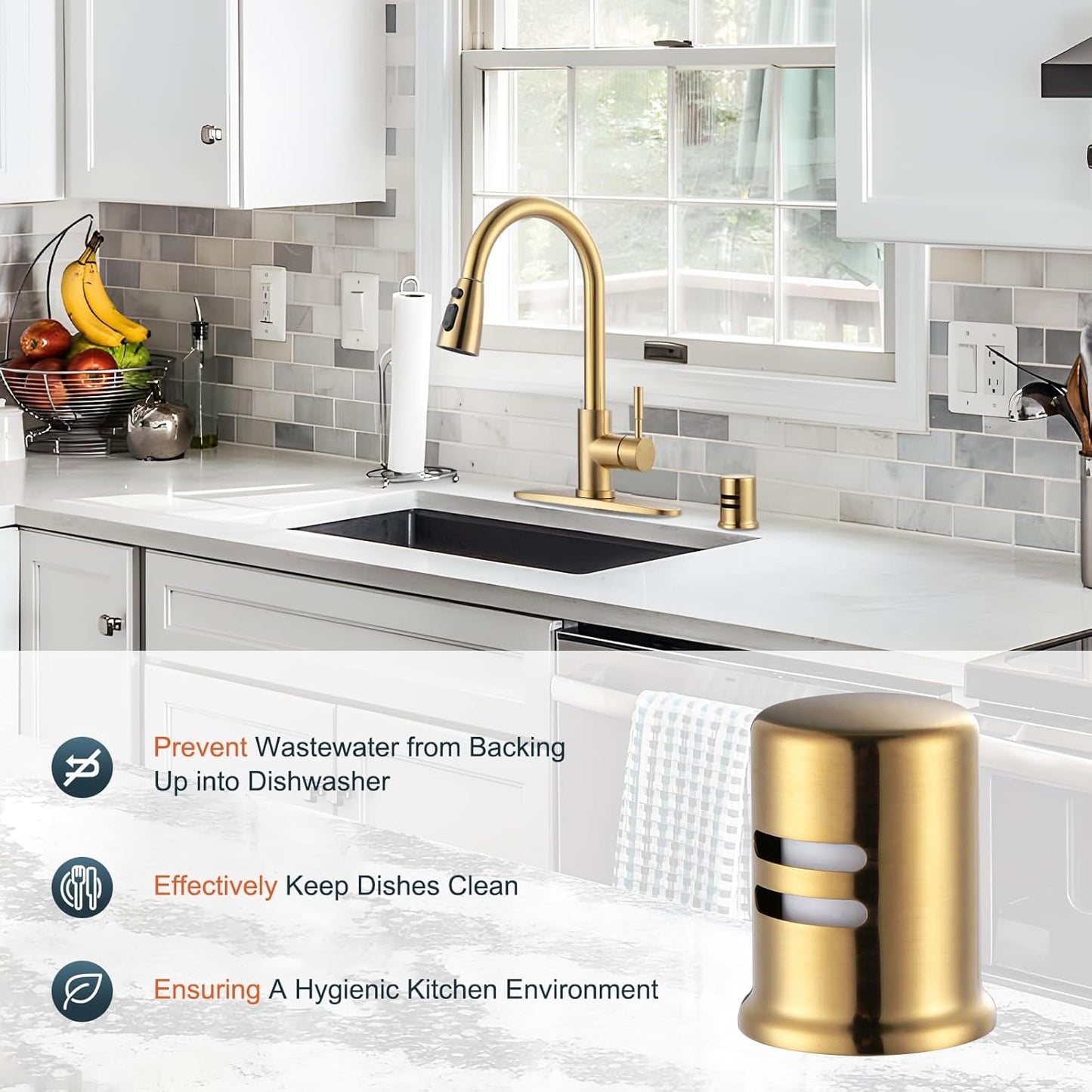 Dishwasher Air Gap Cover, Dishwasher Air Gap Cap for Kitchen Sink, Solid Brass Dishwasher Overflow Vent Cap V1258-DP02-F-70