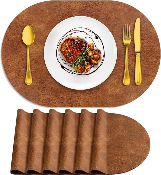Placemats, Heat Resistant Oval Placemats Set of 6 Washable 12 x 17 Inch, Waterproof Table Mats, Wipeable Pu V1258-DP02-F-714