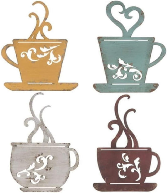 Coffee Cup Wall Decor - Metal Cafe-Themed Decorations - Set of 4 Red, Turquoise, Yellow, & White Vintage Mug V1258-DP02-F-718