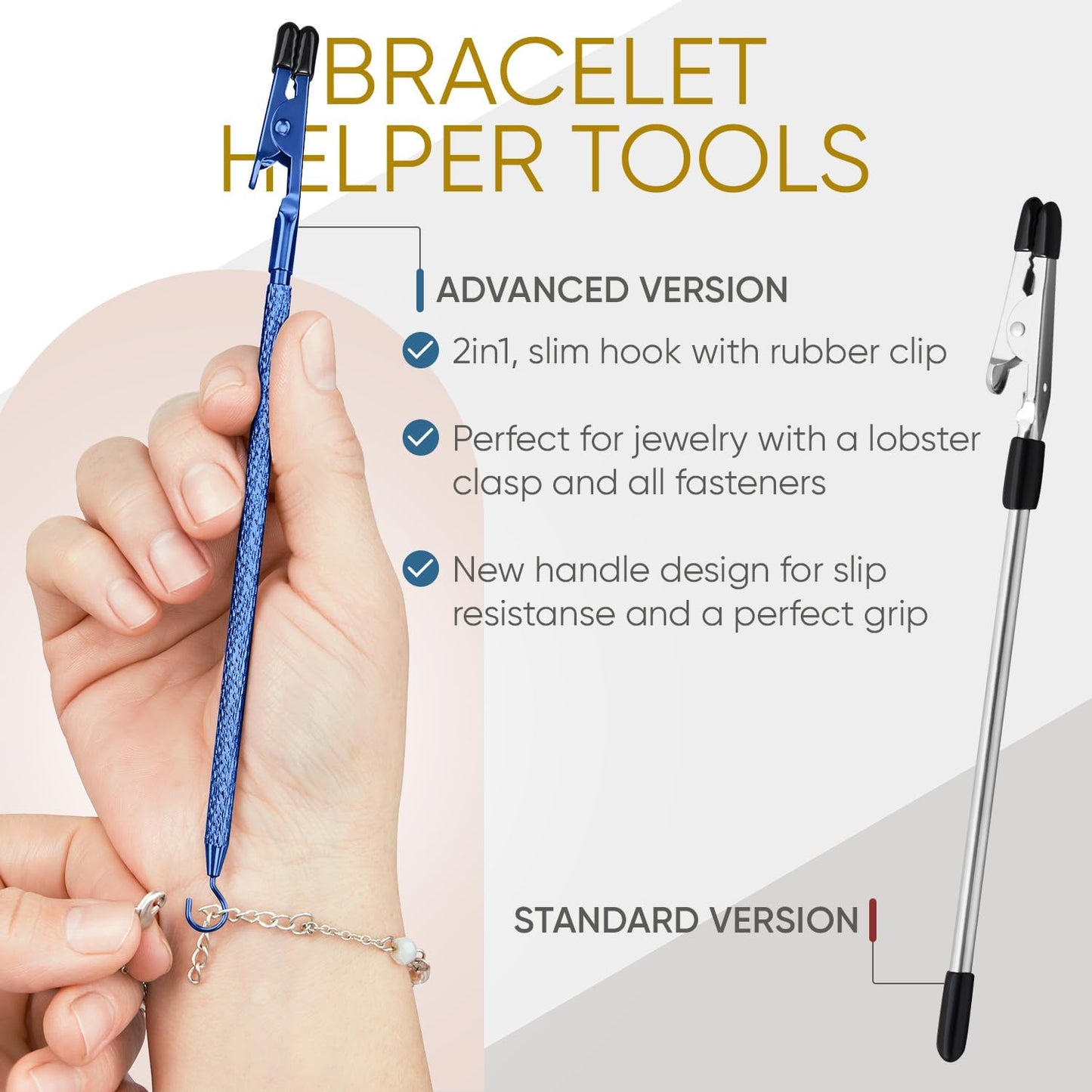 Bracelet Helper Tool with Hook - Fastener Helper Tool for Bracelet, Necklace, Jewelry, Watch - Blue, Gold, V1258-DP02-F-723