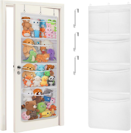 Stuffed Animal Storage, Over the Door Organizer with 5 Expandable Mesh Pockets, Breathable Oxford Fabric V1258-DP02-F-734