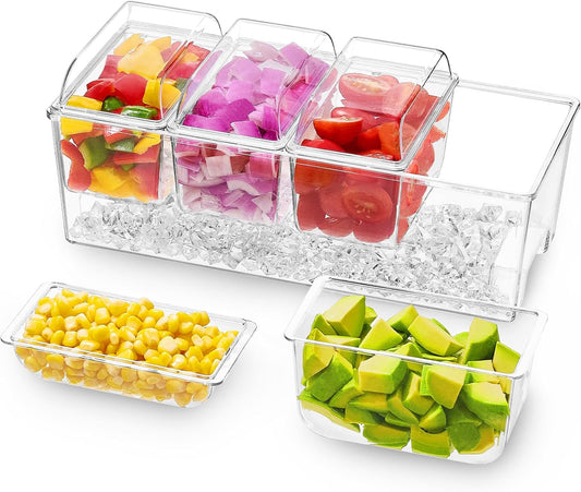 Taco Bar Serving Set for Party with 4 x 20 oz Containers, Ice Chilled Condiment Caddy Organizer, Garnish V1258-DP02-F-737
