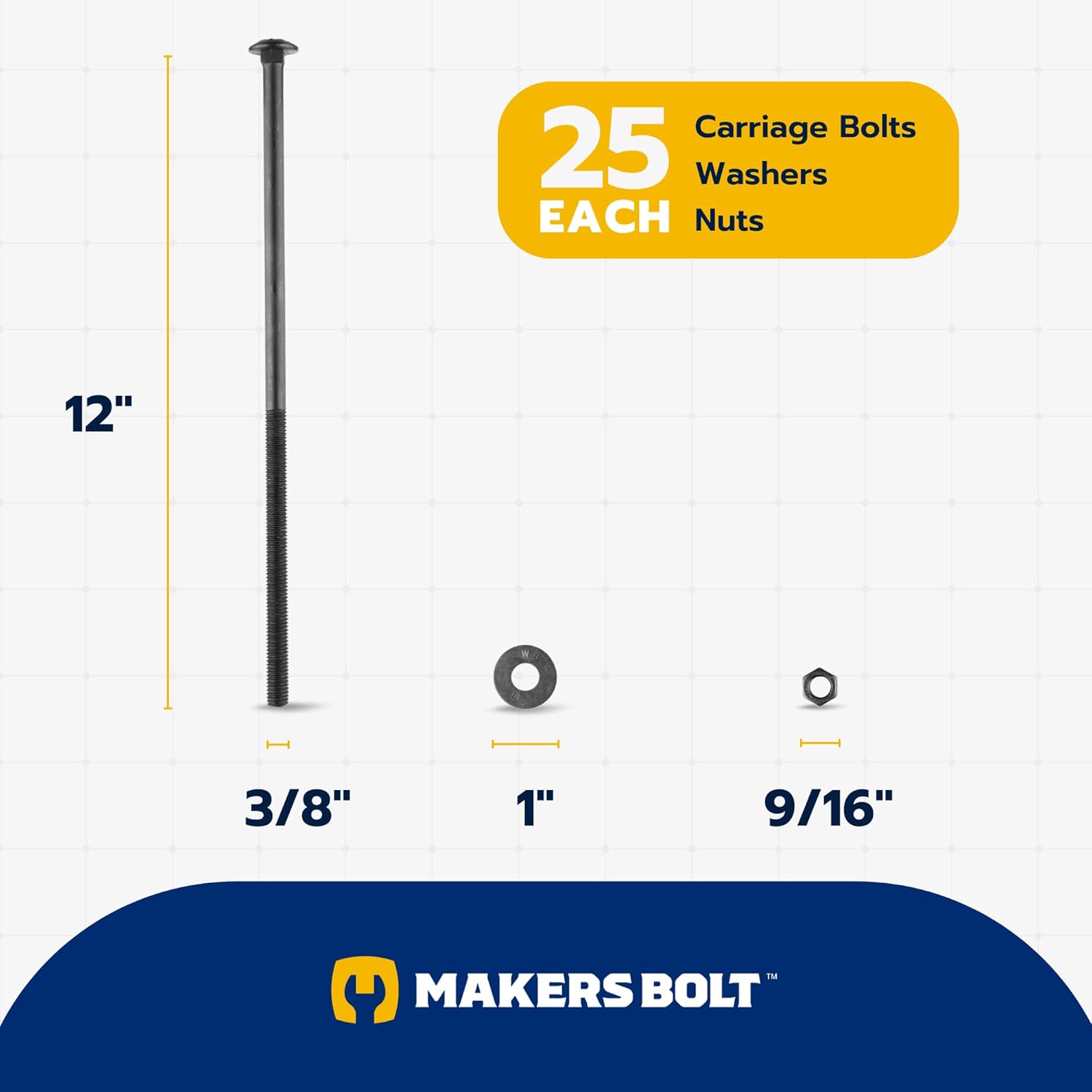 3/8" x 12" (25 Pack) Black Carriage Bolt Kit, Grade 307A, Ceramic Coated for Exterior Use, 2X Rust Resistance V1258-DP02-F-78