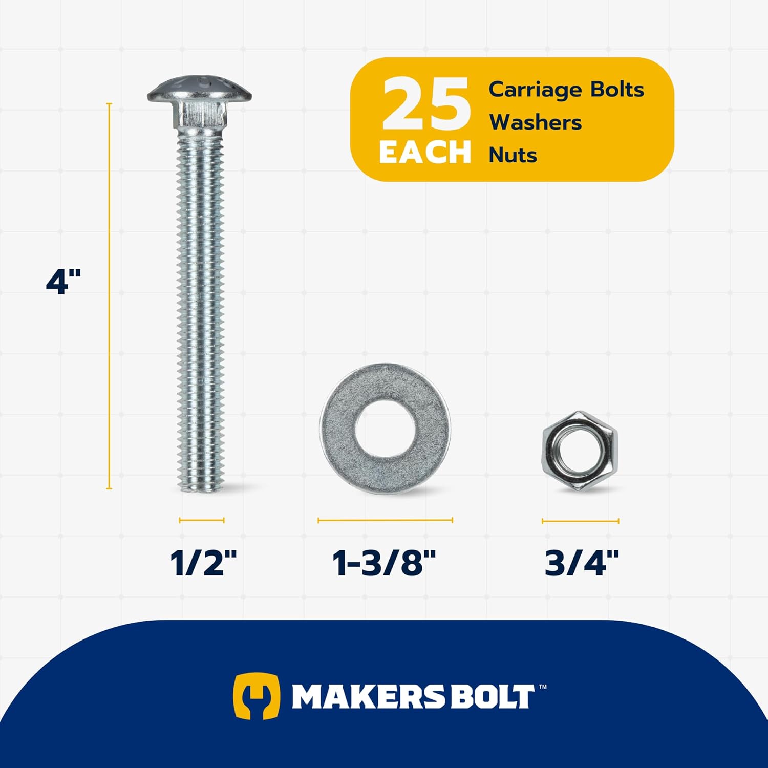 1/2" x 4" (25 Pack) Zinc Carriage Bolt Kit, Grade 307A by Makers Bolt V1258-DP02-F-79