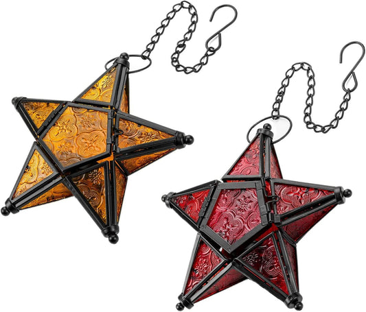 Glass Star Lantern Hanging Ornaments - Tea Light Lantern Window Hangings Patio Balcony Living Room Decoration V1258-DP02-F-796