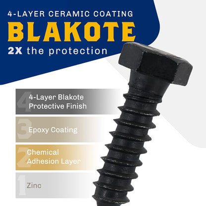 1/2" x 2", 25-Piece Black Lag Bolts, Rustproof 4-Layer Ceramic BLAKOTE, 2X Protection of Galvanized Lag V1258-DP02-F-80