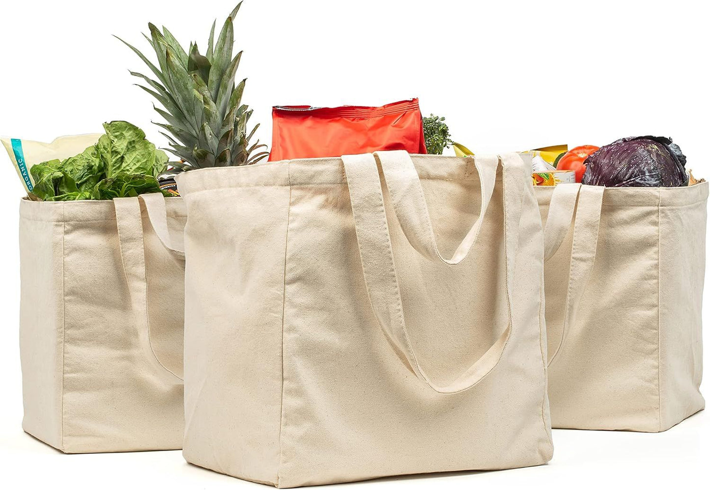 Canvas Grocery Bag 3pc XL Set with Real Pockets, Long Shoulder Strap and Short Handle. Heavy Duty, Foldable, V1258-DP02-F-800