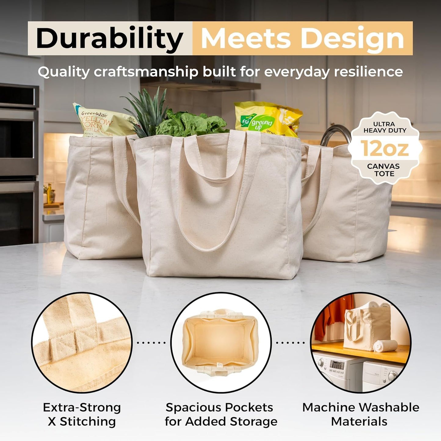 Canvas Grocery Bag 3pc XL Set with Real Pockets, Long Shoulder Strap and Short Handle. Heavy Duty, Foldable, V1258-DP02-F-800