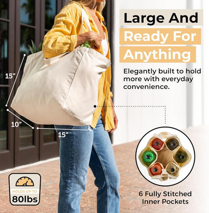 Canvas Grocery Bag 3pc XL Set with Real Pockets, Long Shoulder Strap and Short Handle. Heavy Duty, Foldable, V1258-DP02-F-800
