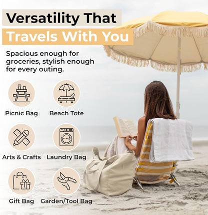 Canvas Grocery Bag 3pc XL Set with Real Pockets, Long Shoulder Strap and Short Handle. Heavy Duty, Foldable, V1258-DP02-F-800