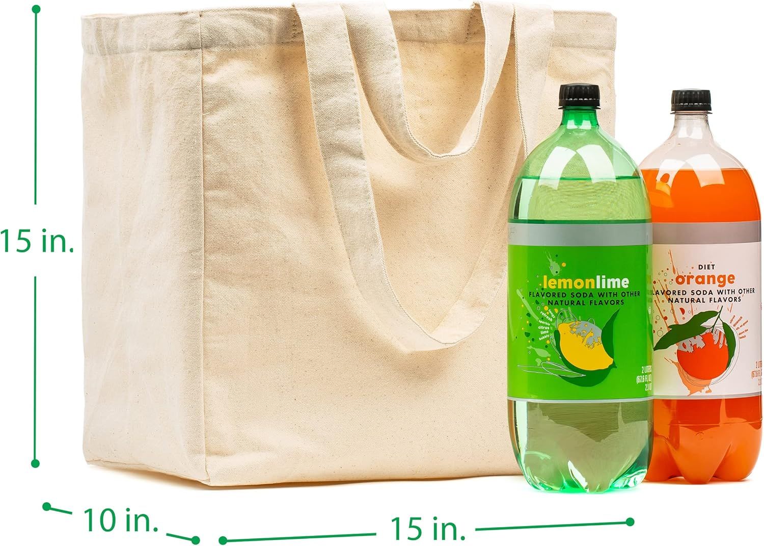 Canvas Grocery Bag 3pc XL Set with Real Pockets, Long Shoulder Strap and Short Handle. Heavy Duty, Foldable, V1258-DP02-F-800