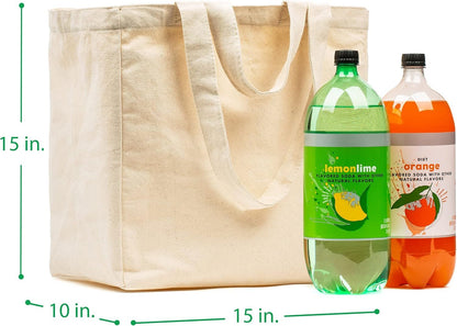 Canvas Grocery Bag 3pc XL Set with Real Pockets, Long Shoulder Strap and Short Handle. Heavy Duty, Foldable, V1258-DP02-F-800