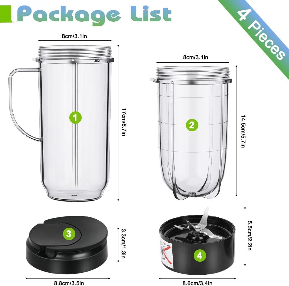 2 Pack Replacement Blender Cups set for magic bullet , 22oz Tall Cup with Flip Top To-Go Lid, 16oz V1258-DP02-F-806