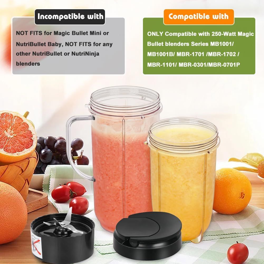 2 Pack Replacement Blender Cups set for magic bullet , 22oz Tall Cup with Flip Top To-Go Lid, 16oz V1258-DP02-F-806