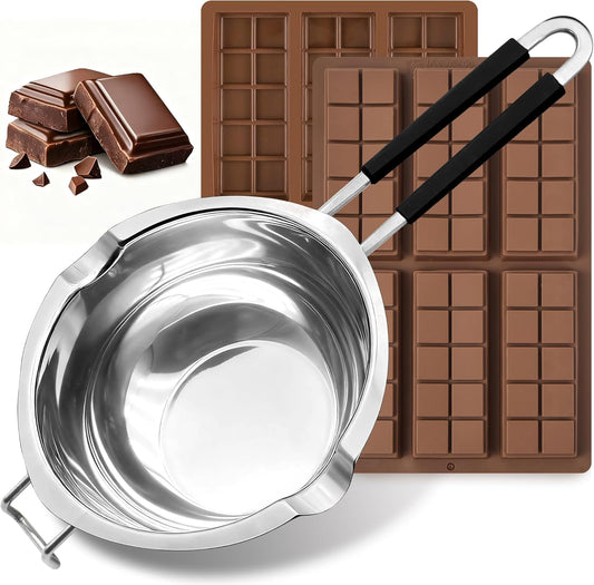 1200ML/1.1QT Double Boiler Pot With 2 Pack of Silicone Chocolate Bar Molds, Stainless Steel Chocolate Melting V1258-DP02-F-81