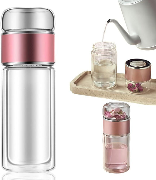 Double Walled Glass Tea Tumbler with Infuser, 17 Oz/500ml Portable Tea Infuser Bottle with Stainless Steel V1258-DP02-F-857