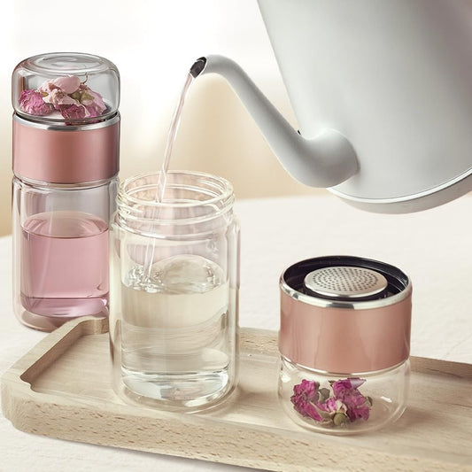 Double Walled Glass Tea Tumbler with Infuser, 17 Oz/500ml Portable Tea Infuser Bottle with Stainless Steel V1258-DP02-F-857